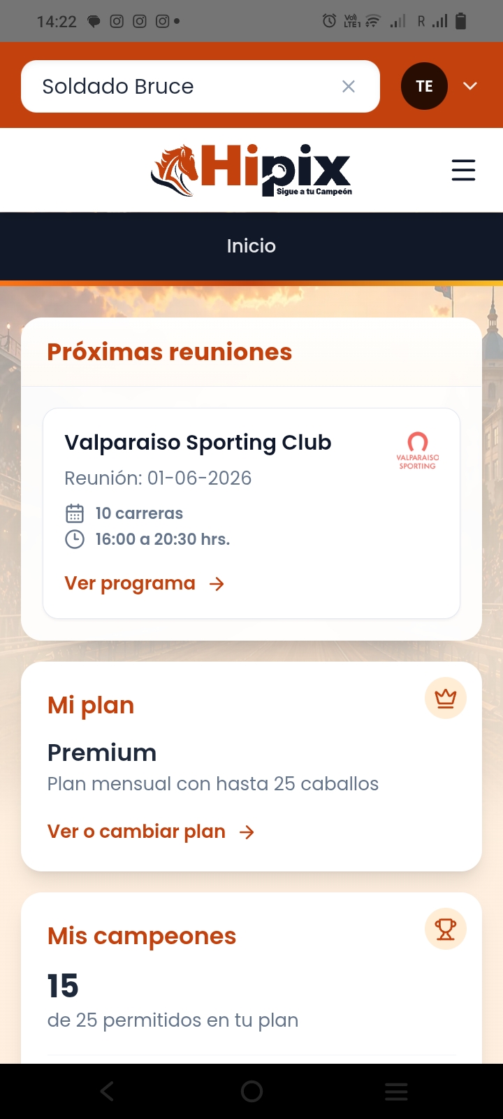 Pantalla de carrera en la app Hipix